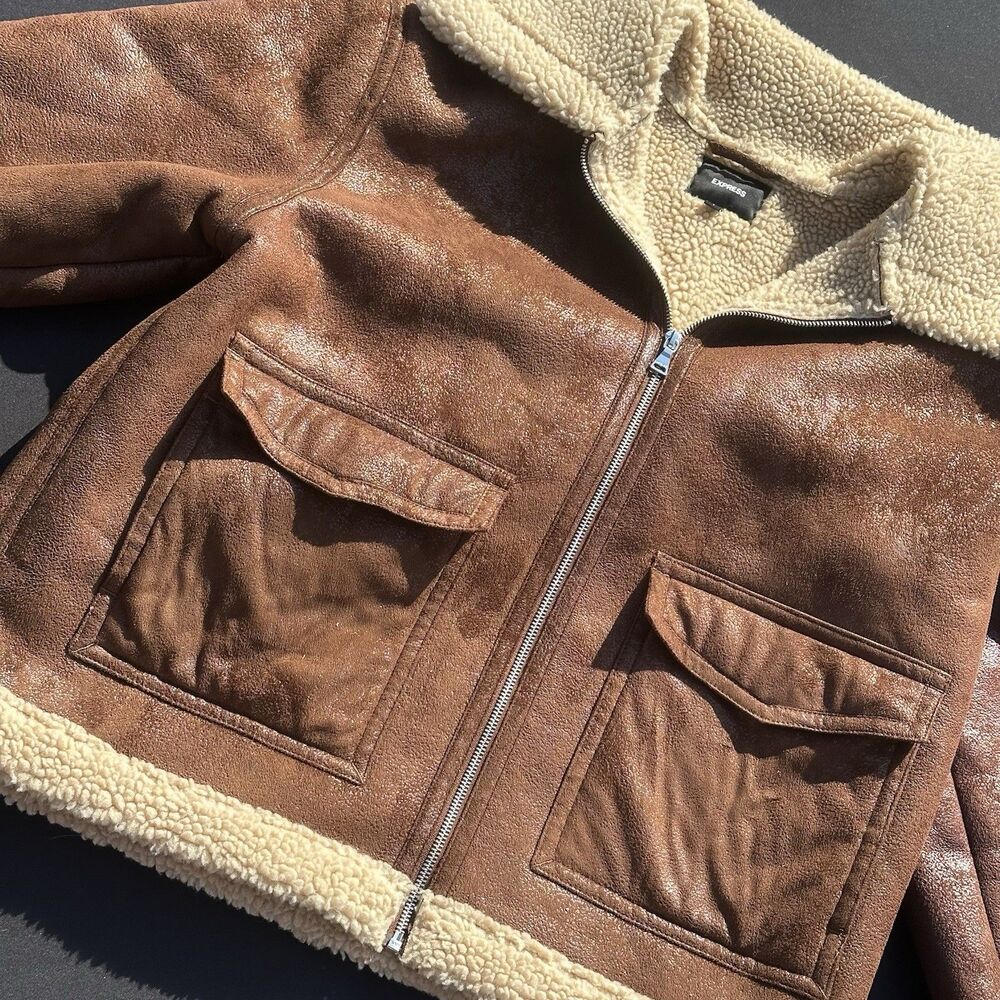 Express Brown Faux Suede Sherpa Lined Zip Jacket Women’s L